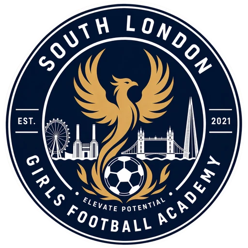 South London Girls Football Academy crest: a gold phoenix rising over a football and the London skyline